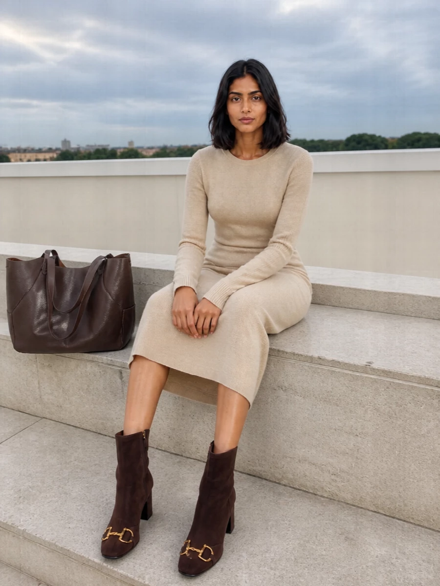 This is a minimalist knit column in soft beige anchored by rich chocolate accessories, all in the same quietly luxurious register as the tote. The longline dress keeps the silhouette clean and relaxed, while the sculpted suede boots sharpen the mood just enough for city days and discreet dinners. Opting for the dress path rather than separates preserves an unbroken vertical line that lets the bag feel intentional rather than like an add-on carryall.