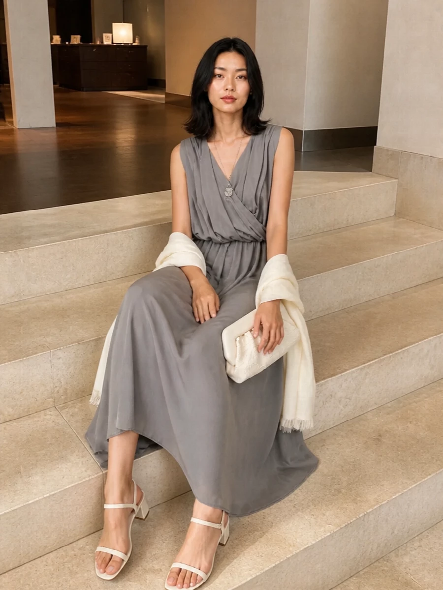 Lardini grey maxi dress ivory sandals clutch