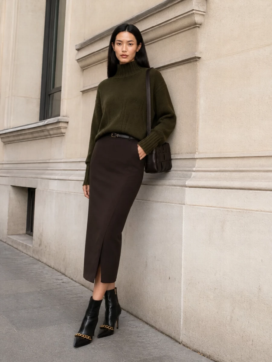 Tom ford olive knit chocolate pencil skirt outfit