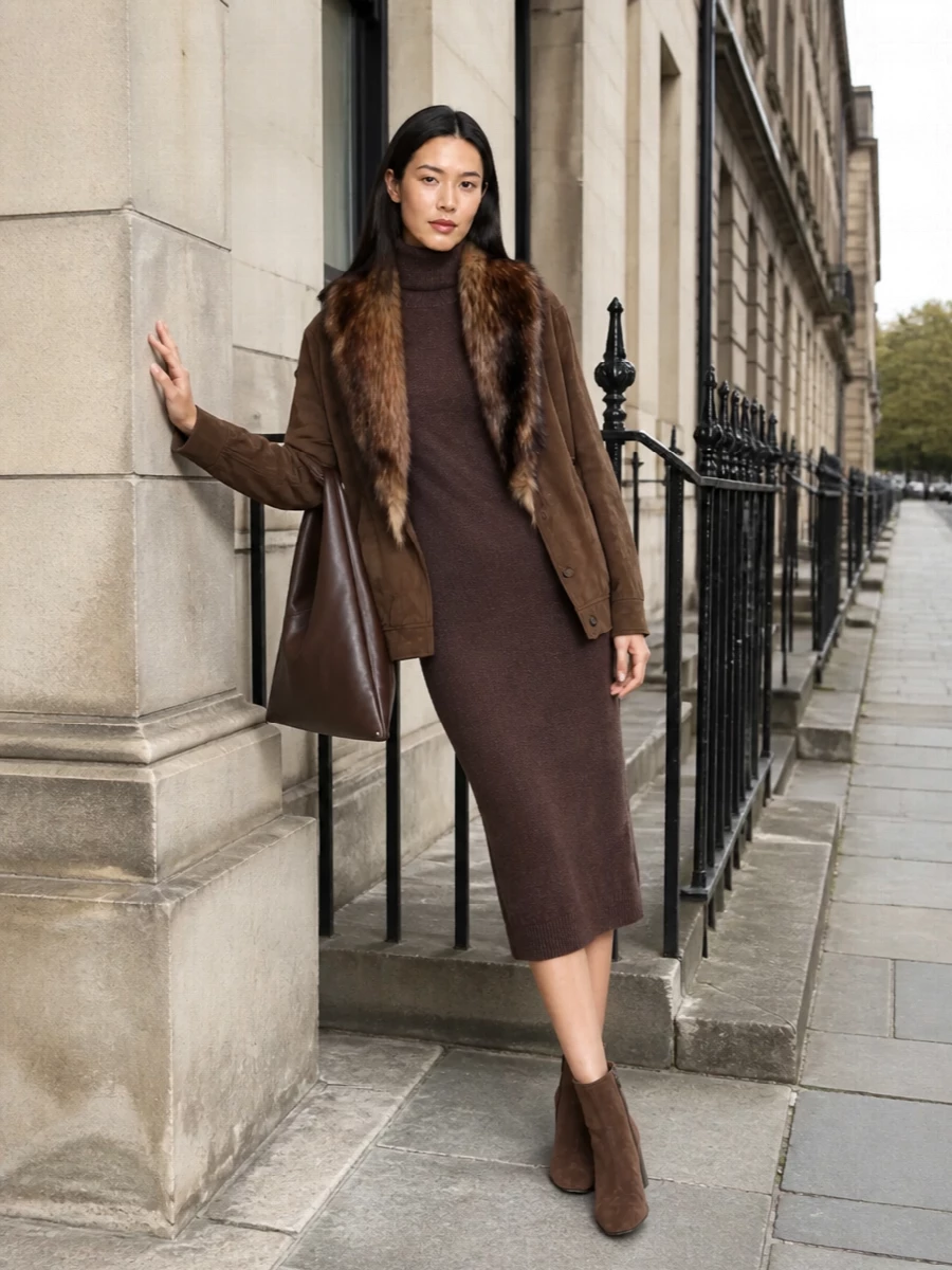 Mm6 knit dress shearling coat outfit