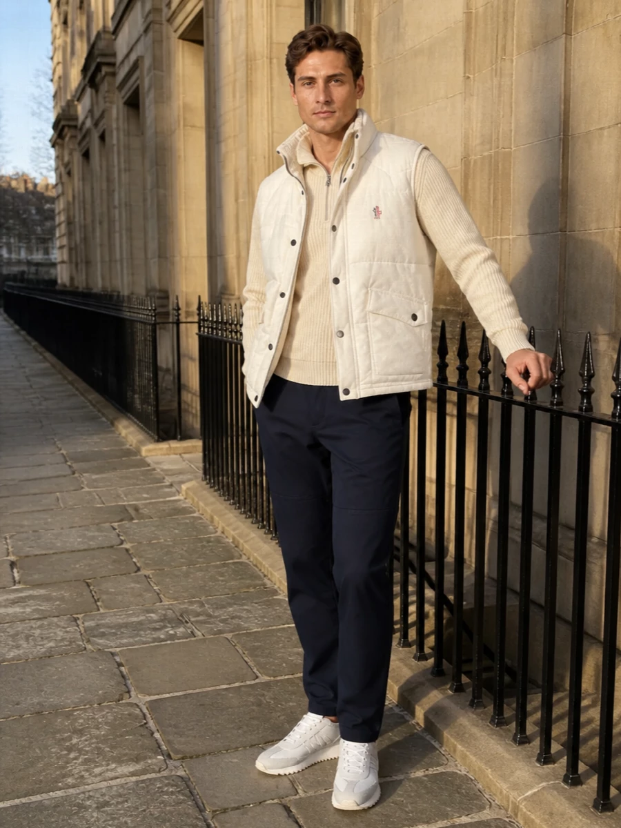 Moncler grenoble gilet cream half zip navy pants