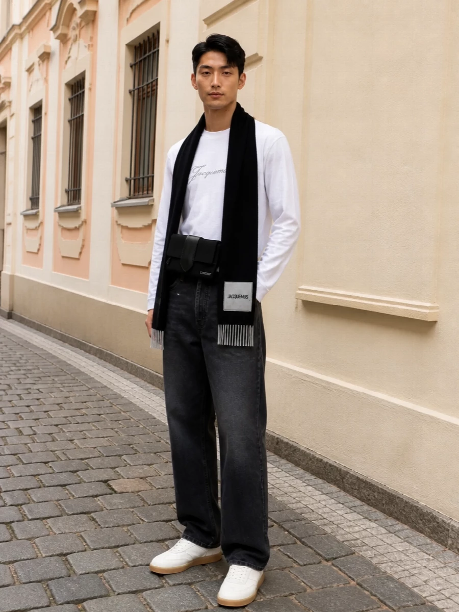 Jacquemus logo tee black jeans white sneakers