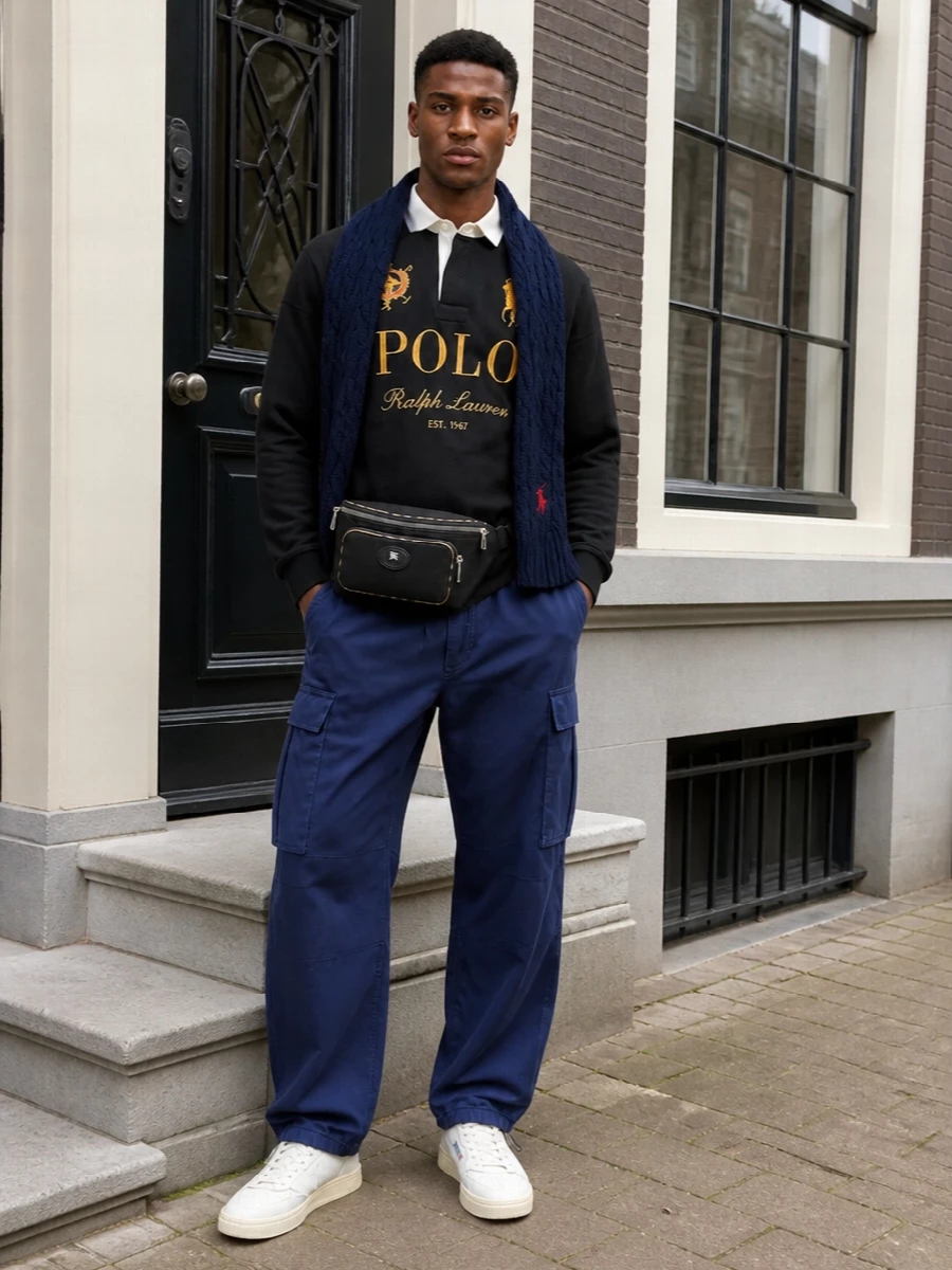 Polo rugby navy cargo pants retro sneakers