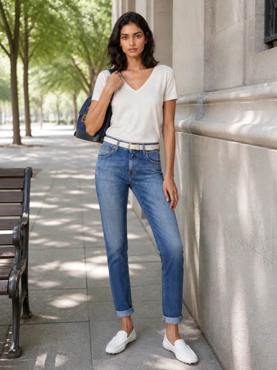Mid-wash slim denim, an ivory V-neck and crisp white loafers create a clean, light spring uniform with just enough structure. The navy denim bucket bag and slim white belt pick up the jeans’ stitching, keeping everything coordinated but not matchy. It is relaxed, polished and easy to wear from coffee to casual Fridays.
