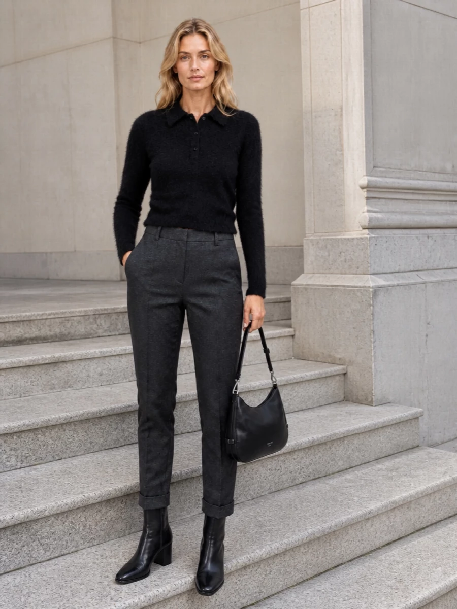 Prada tailored trousers black cropped cardigan outfit