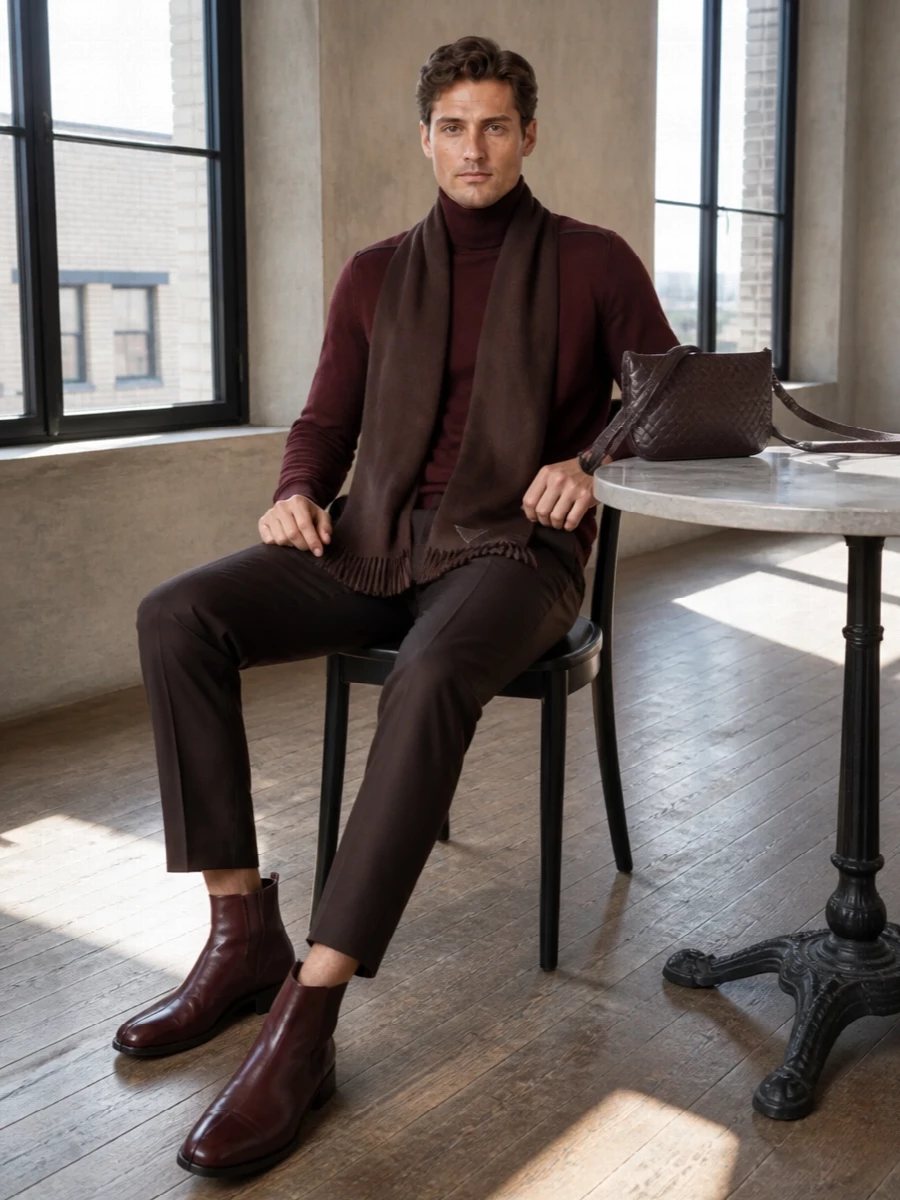 Maison margiela burgundy turtleneck brown trousers