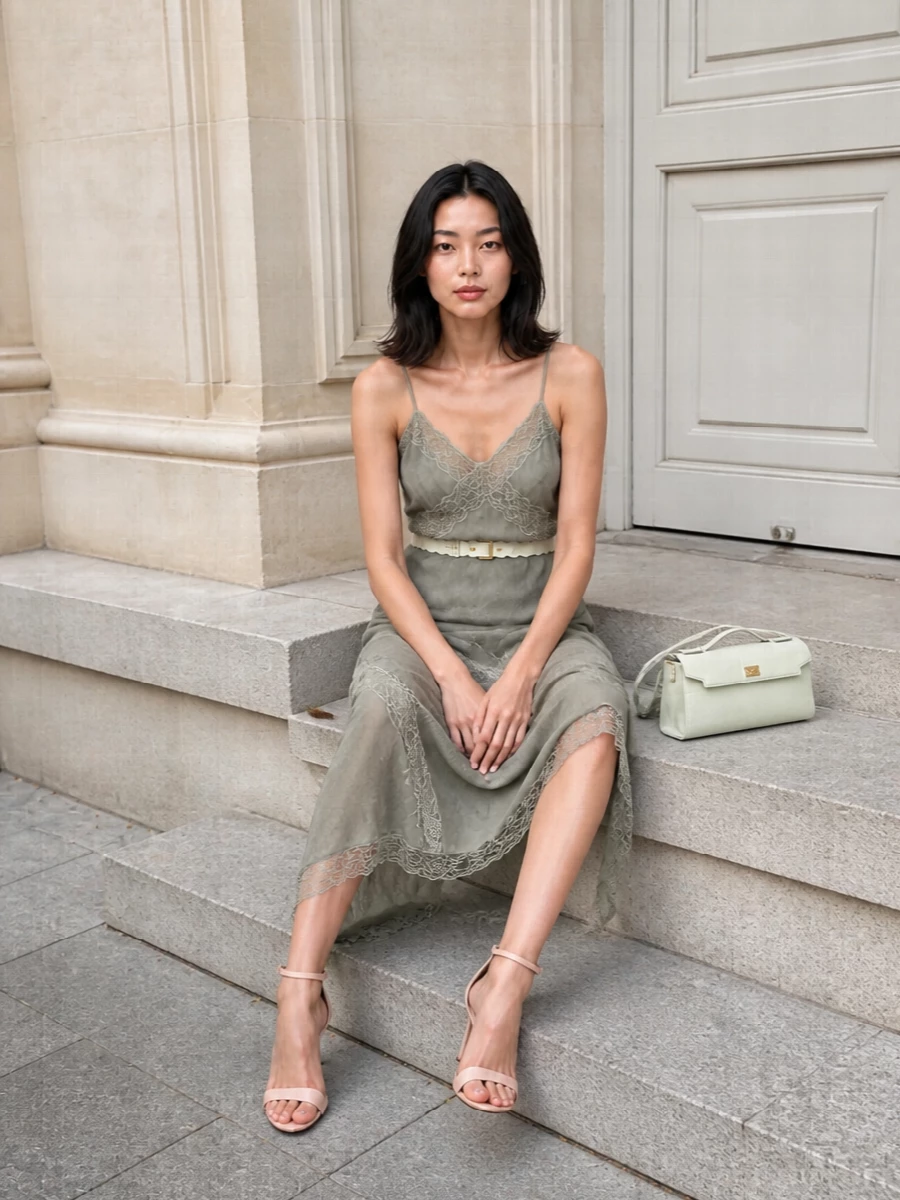 A sage slip with lingerie details is cinched softly at the waist and paired with barely-there blush heels for a modern, romantic cocktail mood. The pale green shoulder bag keeps the palette whisper-light and tonal, letting the asymmetric drape and lace do the talking.