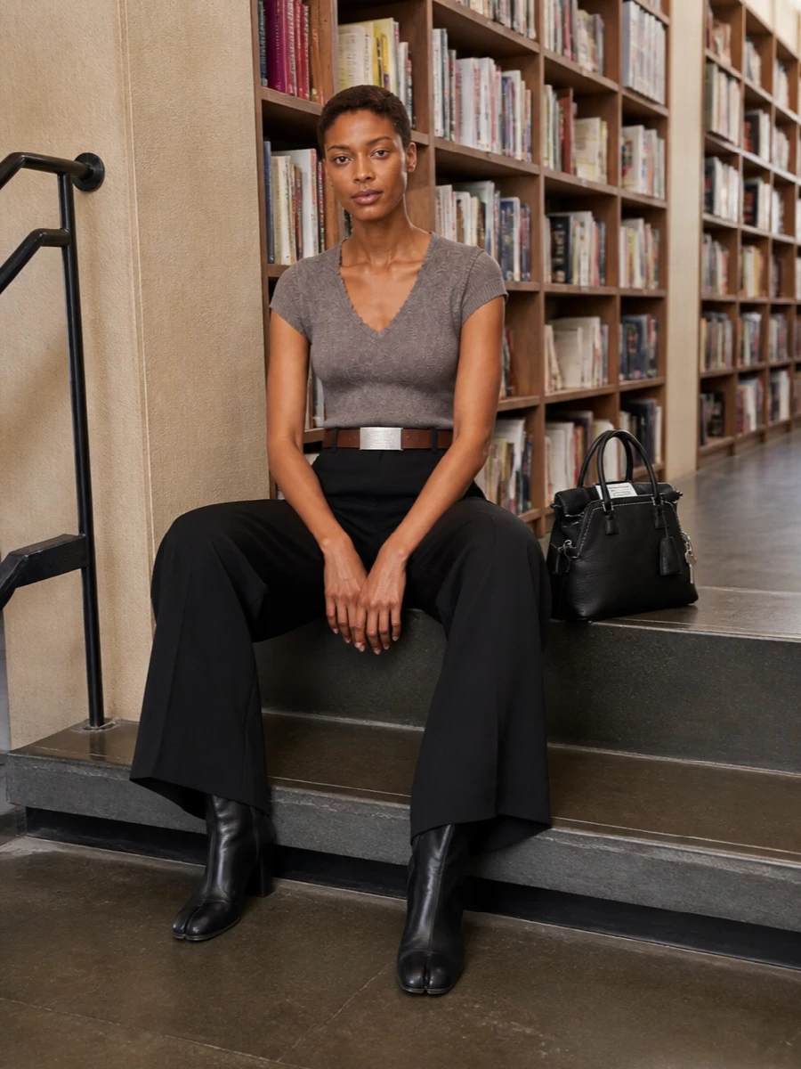 A mink-grey cap-sleeve knit drops into black fluid wide-leg tailoring, keeping the proportions long and relaxed while still sharply defined at the waist. Split-toe ankle boots and a structured top-handle bag anchor the volume with discreet Margiela attitude and clean, city-ready polish. The result is a quietly graphic, monochrome outfit that feels as right for a gallery afternoon as for a low-key dinner.