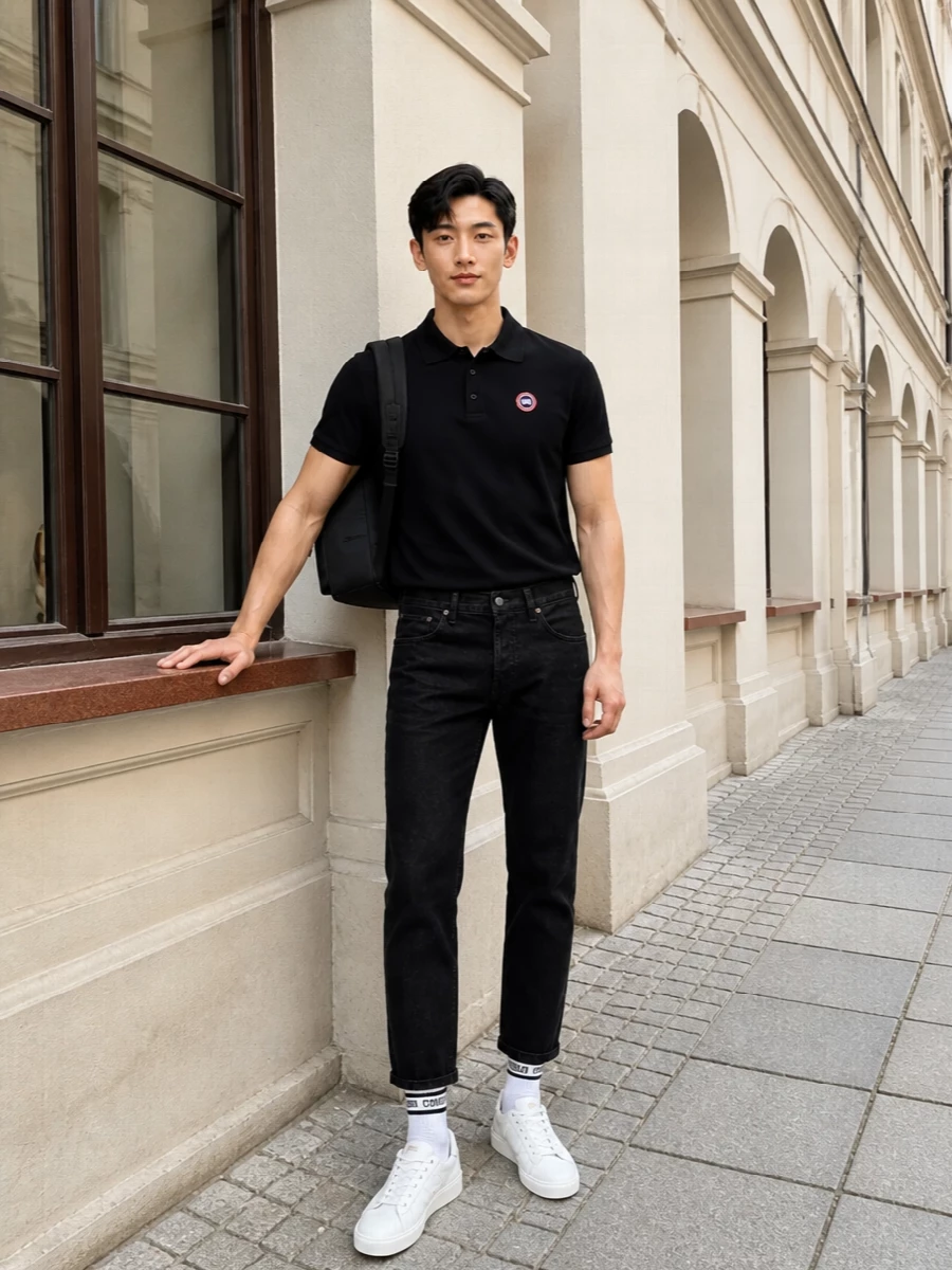 A black Canada Goose polo anchors a clean, sport-leaning uniform when paired with inky Golden Goose straight-leg denim. Crisp white Golden Goose sneakers and monochrome logo socks sharpen the contrast, keeping the mood relaxed but intentional. A technical Moncler backpack finishes it with practical polish for city days and travel alike.