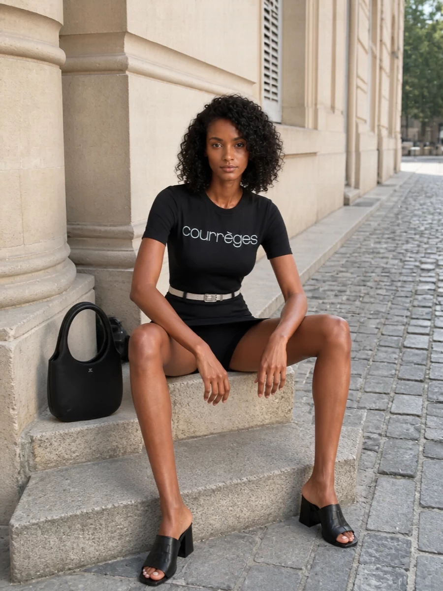 Courreges black logo mini dress outfit mules