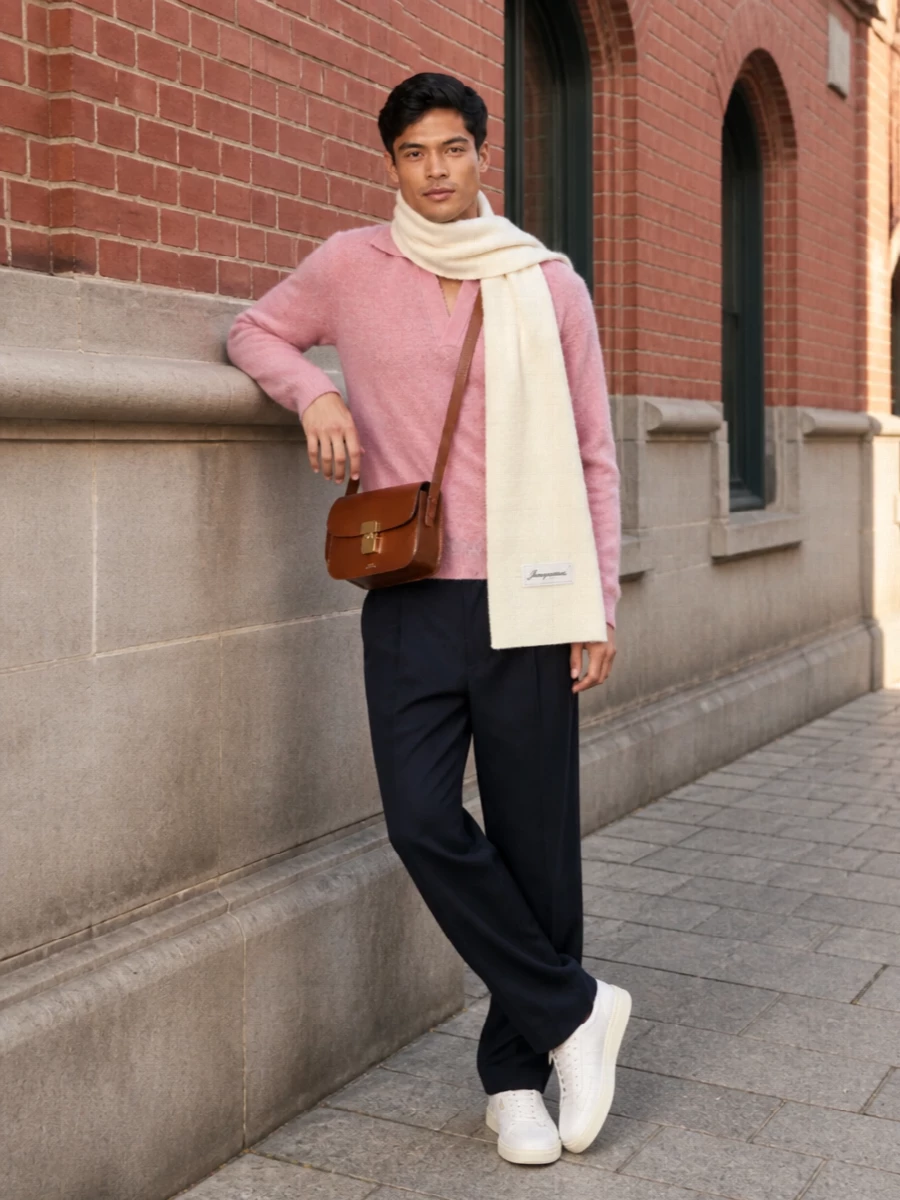Auralee pink knit polo ami navy trousers