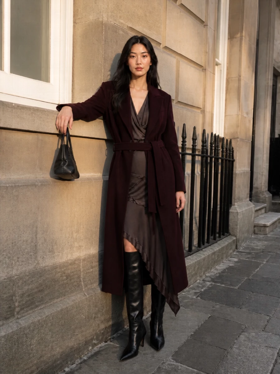 This is a quietly cinematic evening pairing: burgundy Attico coat over a charcoal-brown asymmetric satin midi, grounded by razor-sharp black knee boots. The long coat and column dress create one continuous line, while the compact black top-handle keeps the mood precise and formal. A dress path works better than separates here, because the single sweep of satin under tailoring honours the coat’s clean belt silhouette and keeps the palette deep, controlled and luxurious.