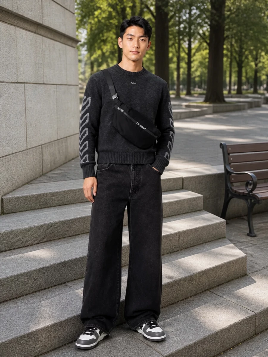 Off white charcoal sweater wide black jeans outfit