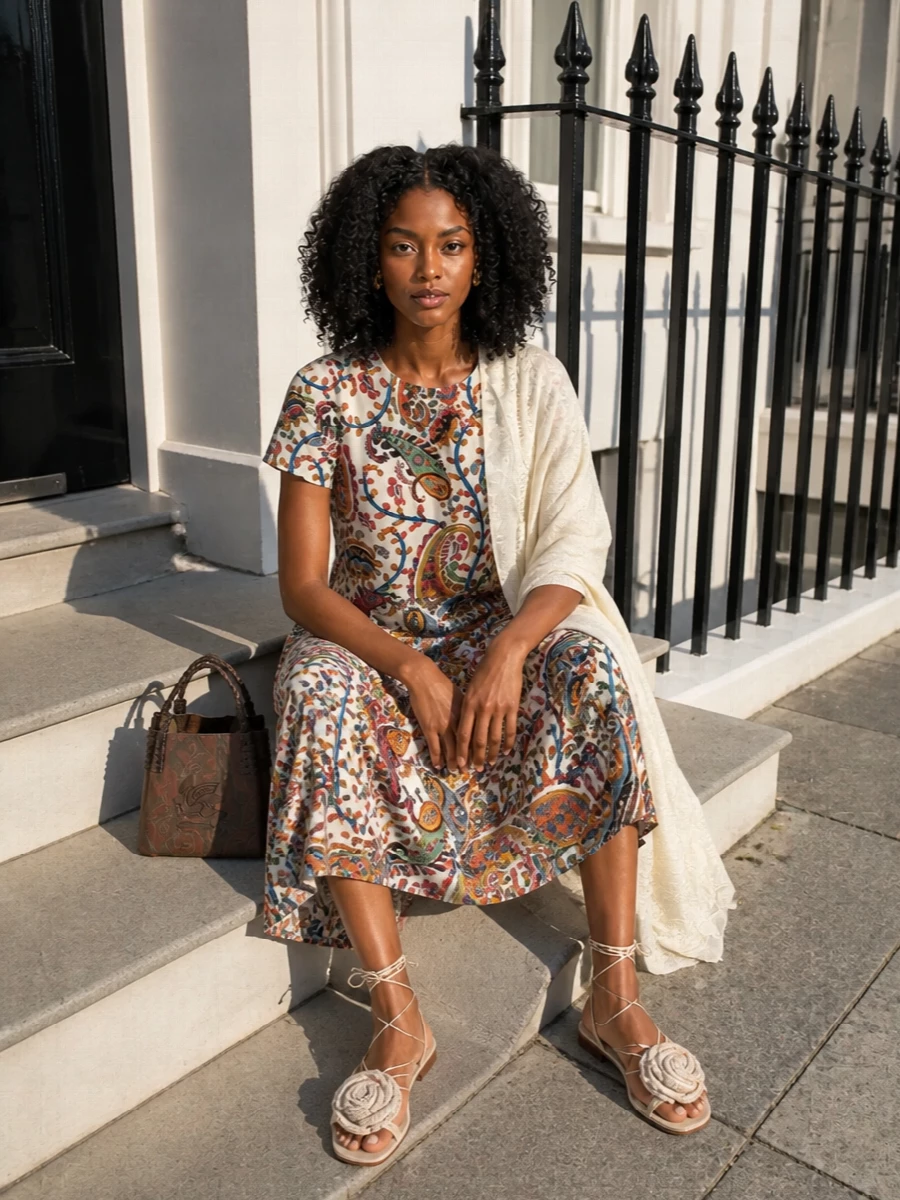 Etro paisley midi dress neutral sandals outfit