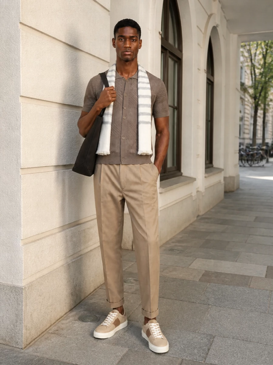 Beams plus taupe knit khaki trousers sneakers