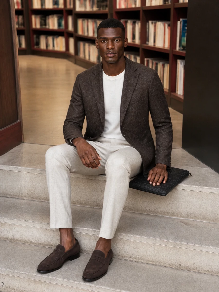 Zegna blazer beige trousers tods loafers