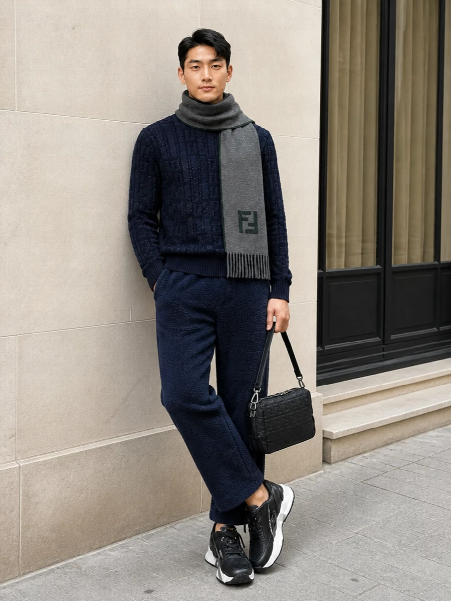 Fendi navy knit fleece pants winter outfit