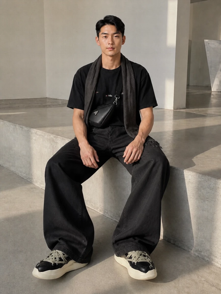 A washed Rhude tee tops high rise, ultra wide Rick Owens denim for a dark, relaxed block that feels quietly aggressive yet easy. Chunky Rick high tops anchor the volume, while a compact Prada crossbody and long Rick scarf keep everything functional and sharp without breaking the monochrome mood.