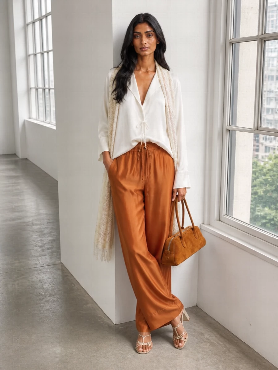 Forte Forte’s burnt-sienna satin trouser and ivory blouse create a liquid, light-catching column of color, relaxed in cut but quietly refined in attitude. Champagne block-heel sandals and a burnt-caramel suede baguette keep everything warm and tonal, adding just enough structure to temper the fluidity. A gauzy neutral paisley stole finishes the ensemble with a barely-there pattern, perfect for warm evenings that move from terrace to dinner.