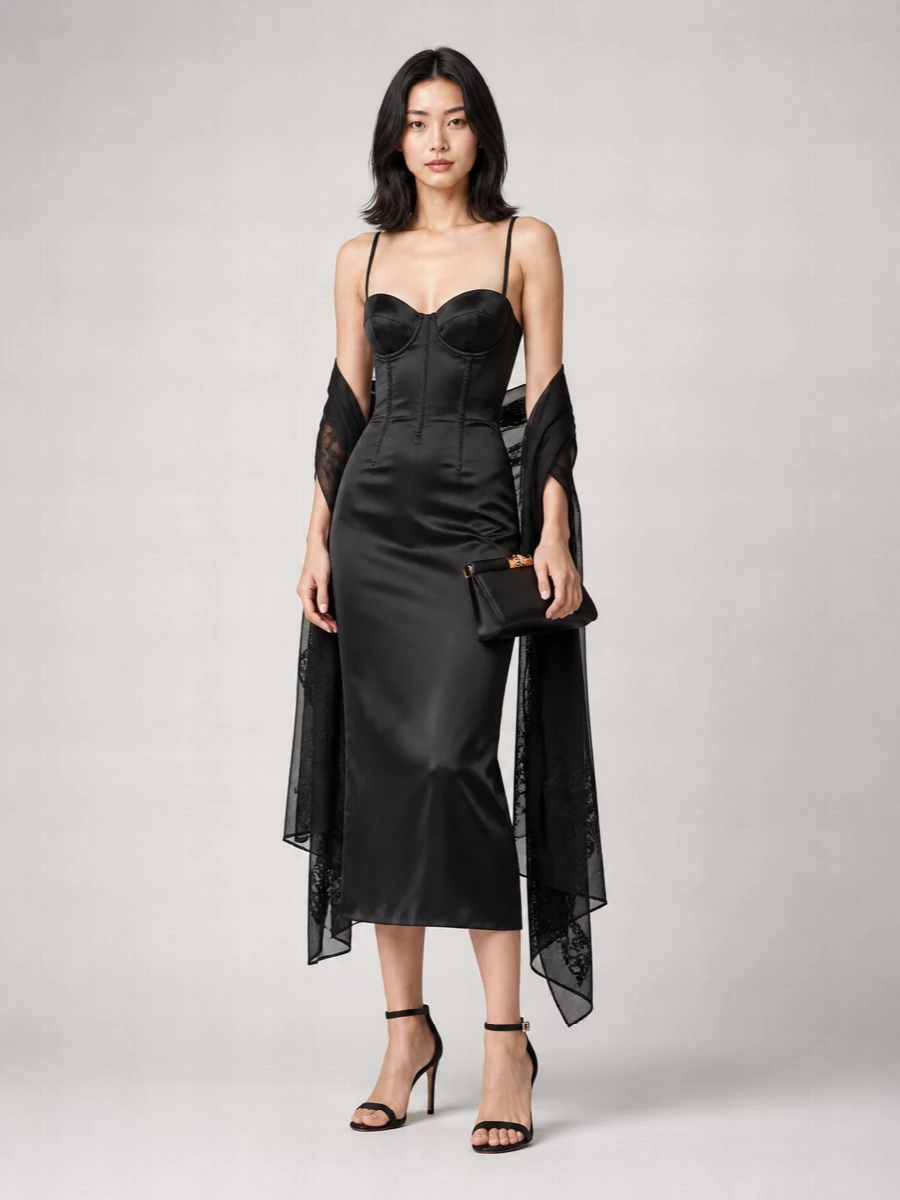 Dolce&Gabbana’s satin corset midi is kept uncompromisingly sleek with a whisper-thin black stiletto and a structured black clutch in hand. The all-black palette lets the lingerie tailoring and hourglass line do the talking, while the sheer stole is there to slip on when the evening cools without softening the drama.