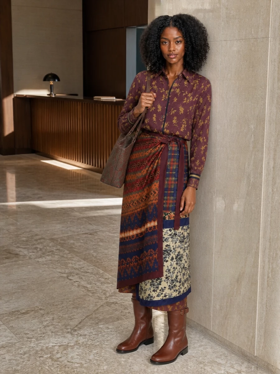 A moody plum floral shirt disappears seamlessly into the high-waisted wrap skirt, letting the collage of prints read romantic rather than busy. Chestnut mid-calf boots ground the fluid volume, while a structured paisley bucket bag quietly repeats the autumn tones for a cohesive, Bohemian-rich finish.