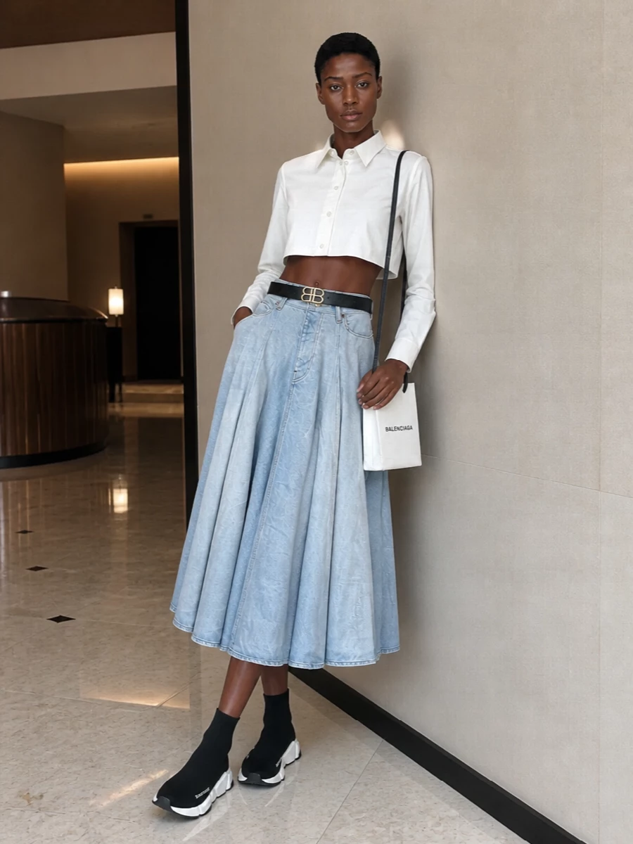An off-white cropped shirt slices cleanly across a high-waisted, pleated denim midi for a strict-on-top, volume-below silhouette that feels distinctly Balenciaga. Graphic black sock sneakers and a sharp off-white mini tote keep the palette tight and urban, while a slim logo belt quietly marks the waist so the proportions stay intentional rather than undone.
