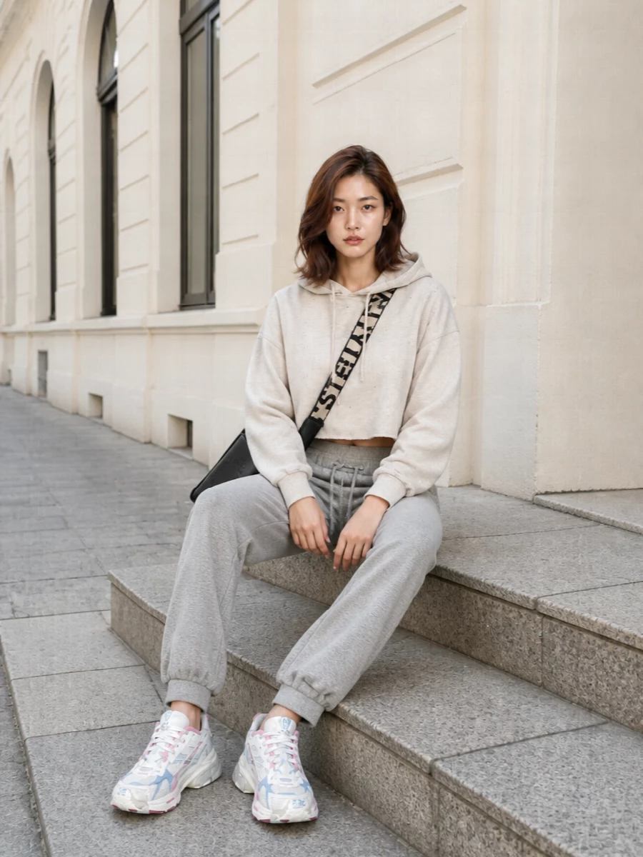 A soft, tonal base of oatmeal and heather grey lets the Balenciaga runners’ pastels take center stage. The cropped hoodie and relaxed jogger keep the silhouette sporty yet considered, nodding to travel and off-duty days without visual noise. A compact black cross-body quietly anchors the palette and keeps the whole outfit feeling streamlined and modern.