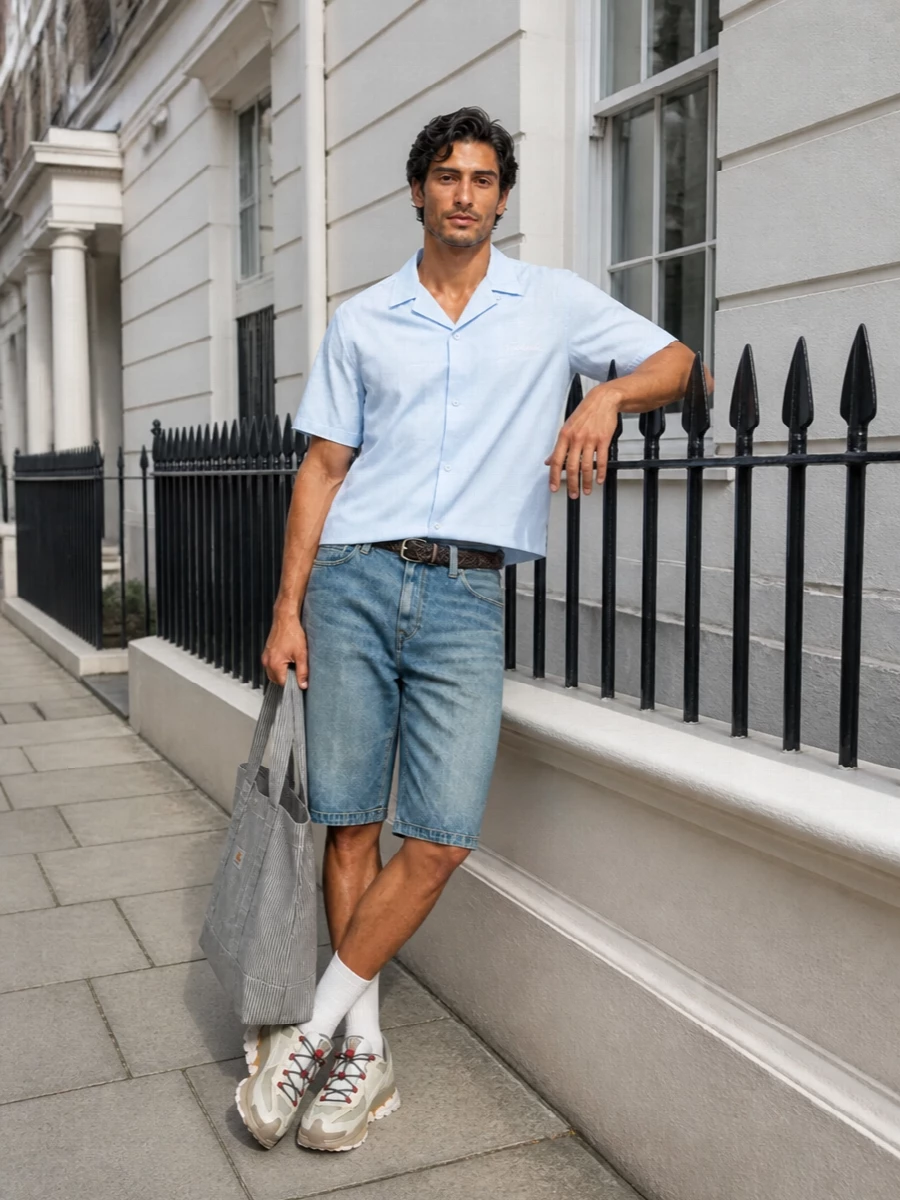 Carhartt denim shorts pale blue shirt outfit