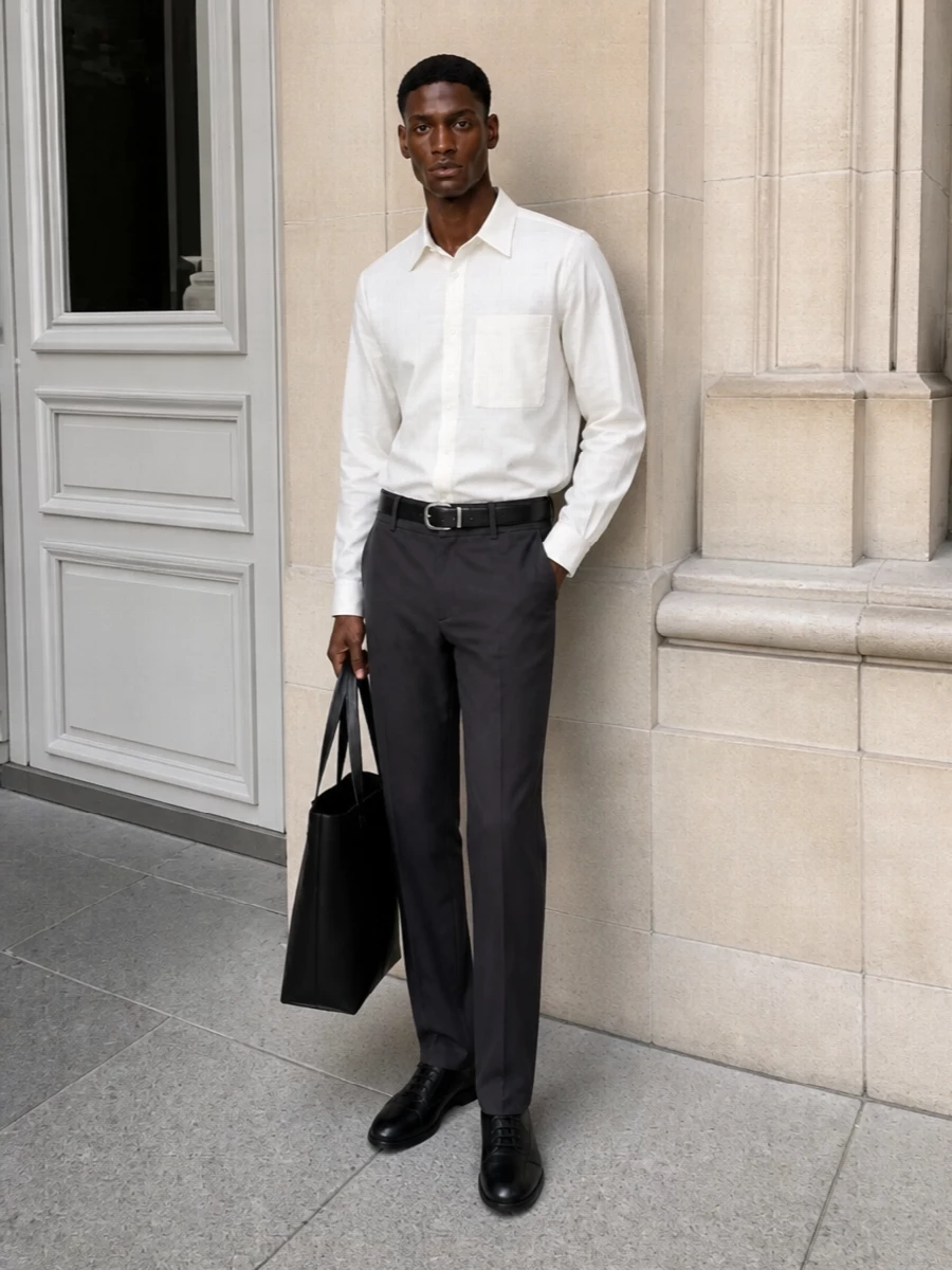 Jil sander charcoal trouser off white shirt outfit