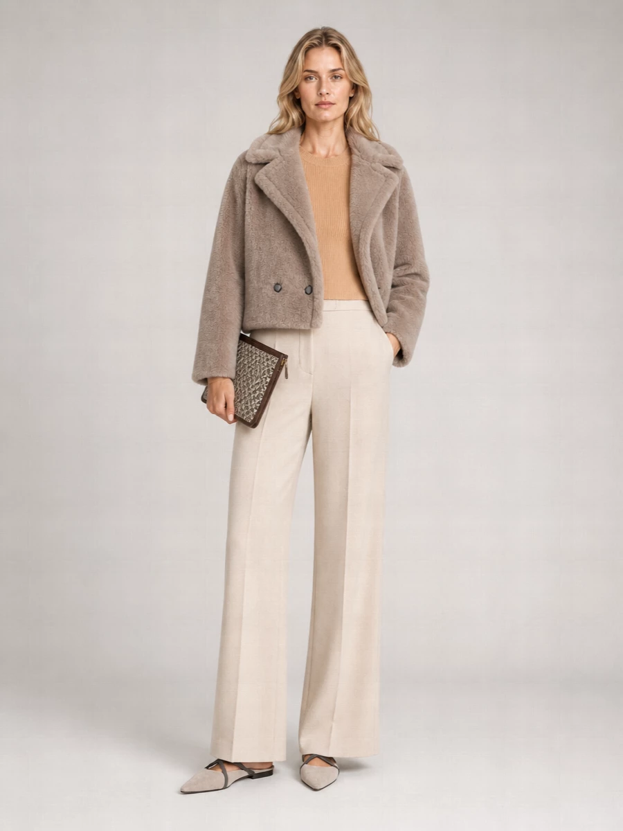 I am building around the outerwear with a knit-and-trouser foundation instead of a dress, because the cropped faux shearling deserves a clean high-rise wide-leg to really show the proportion. Tonal camel and ivory keep the mood quietly luxurious, while the pointed flat mule and slim clutch refine the ease without tipping into formality. The result is a soft, elongated silhouette that feels modern, minimal and wearable from daytime in the city through early dinner.
