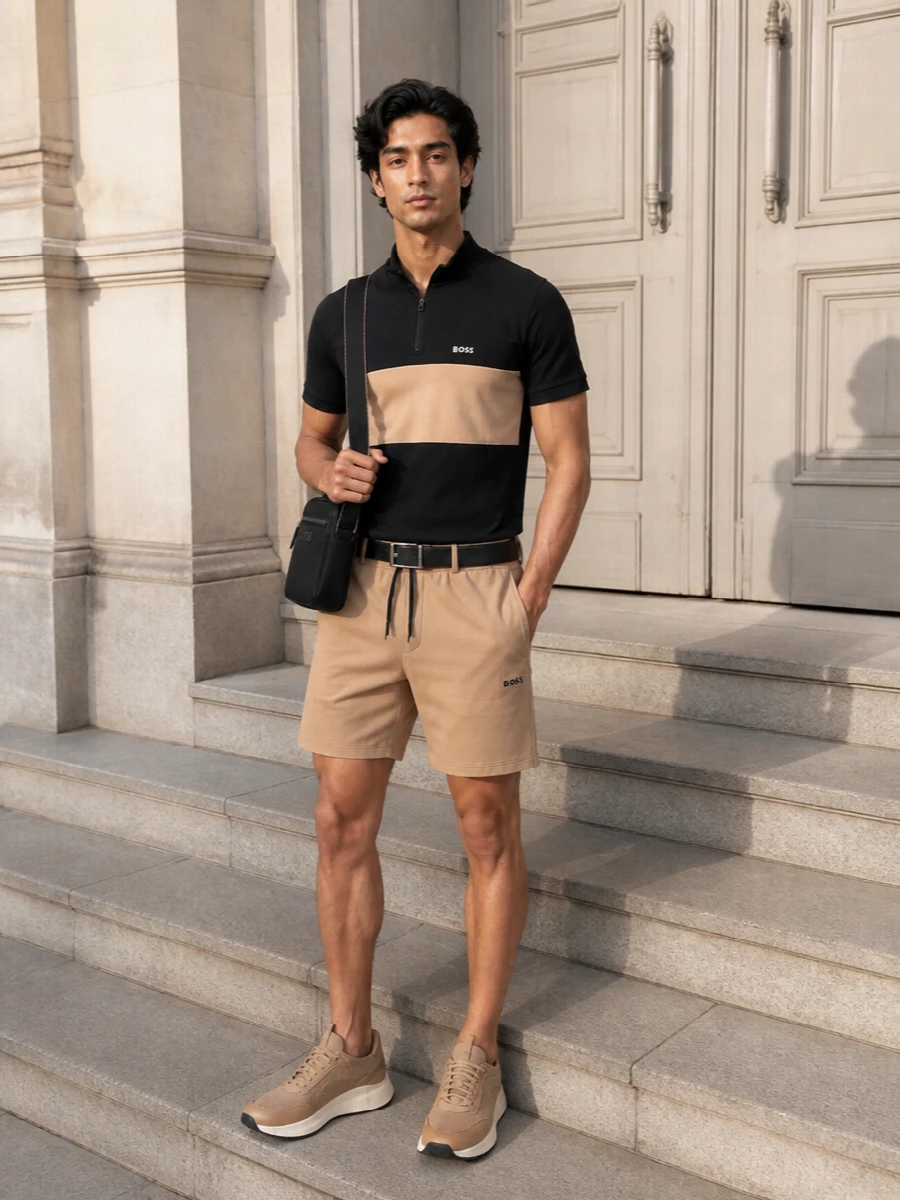 Boss tan shorts black half zip sneakers outfit