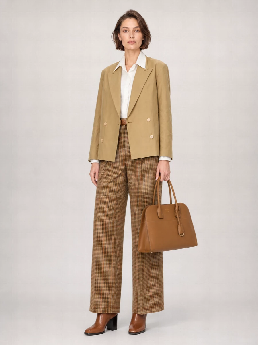 Camel tailoring stays calm and precise here, with the checked wide-leg trouser and cropped double-breasted jacket reading as one long, warm neutral line. Chestnut block-heel boots give the volume proper lift, while the camel belt and structured tan top-handle keep the finish urbane and quietly assured.