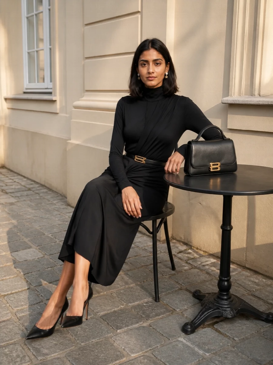 Victoria beckham black jersey midi dress outfit