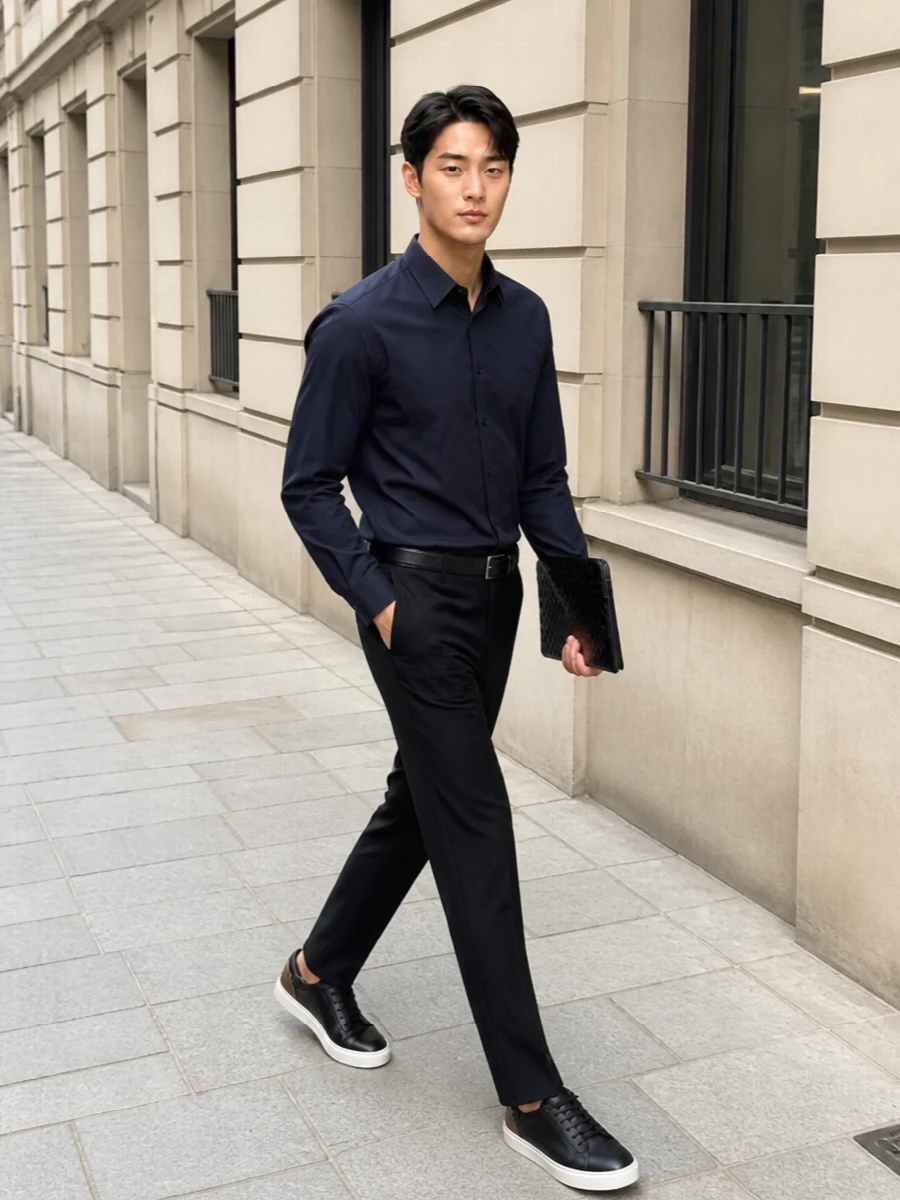 A navy Burberry shirt is paired with precise black tailored trousers for a crisp, quietly authoritative SS look. Black leather sneakers and a slim black belt keep the mood modern but composed, while the woven Bottega Veneta portfolio adds subtle texture and luxury for a city-ready, desk-to-dinner ensemble.
