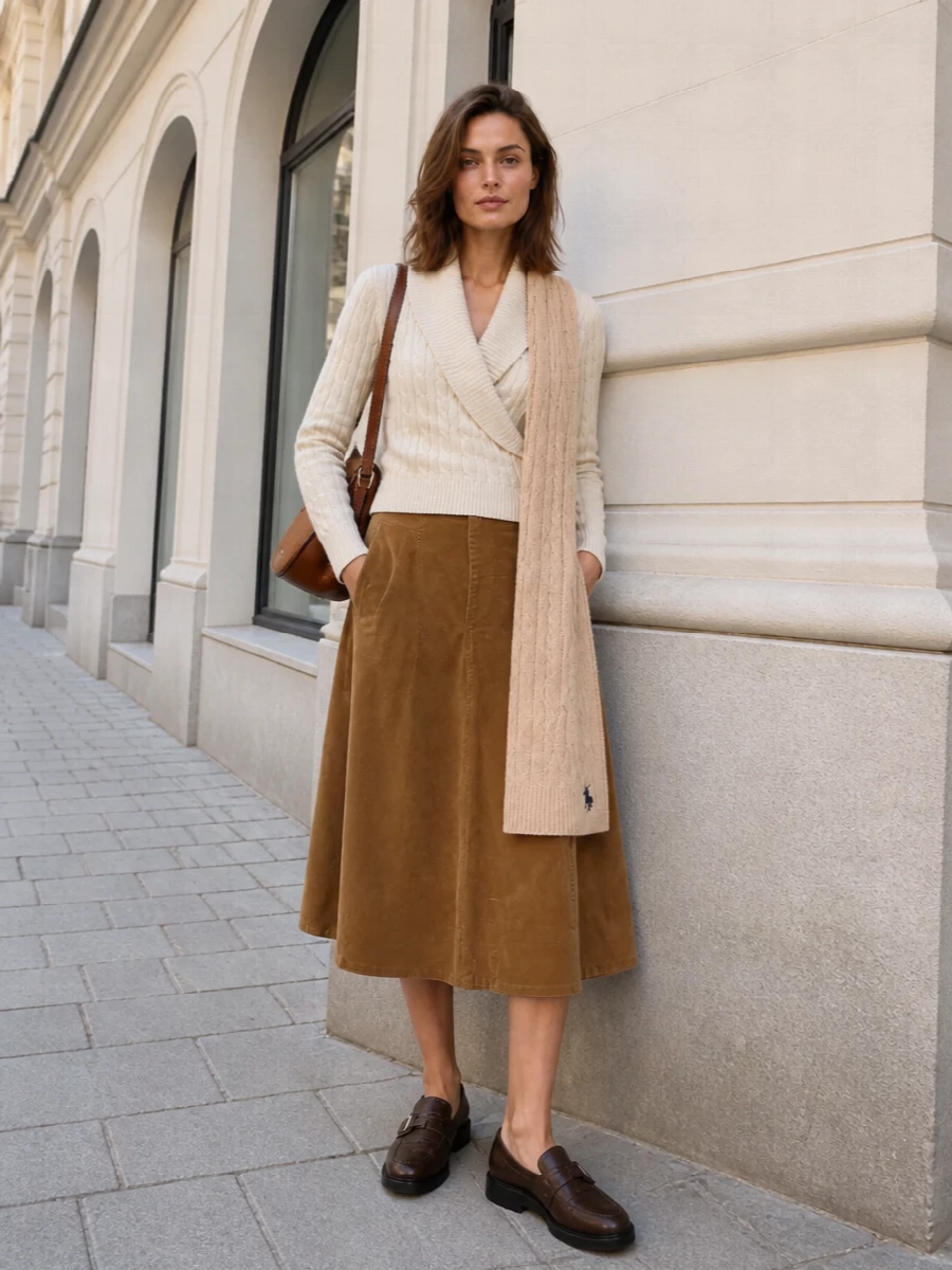 Polo ralph lauren shawl sweater camel midi outfit