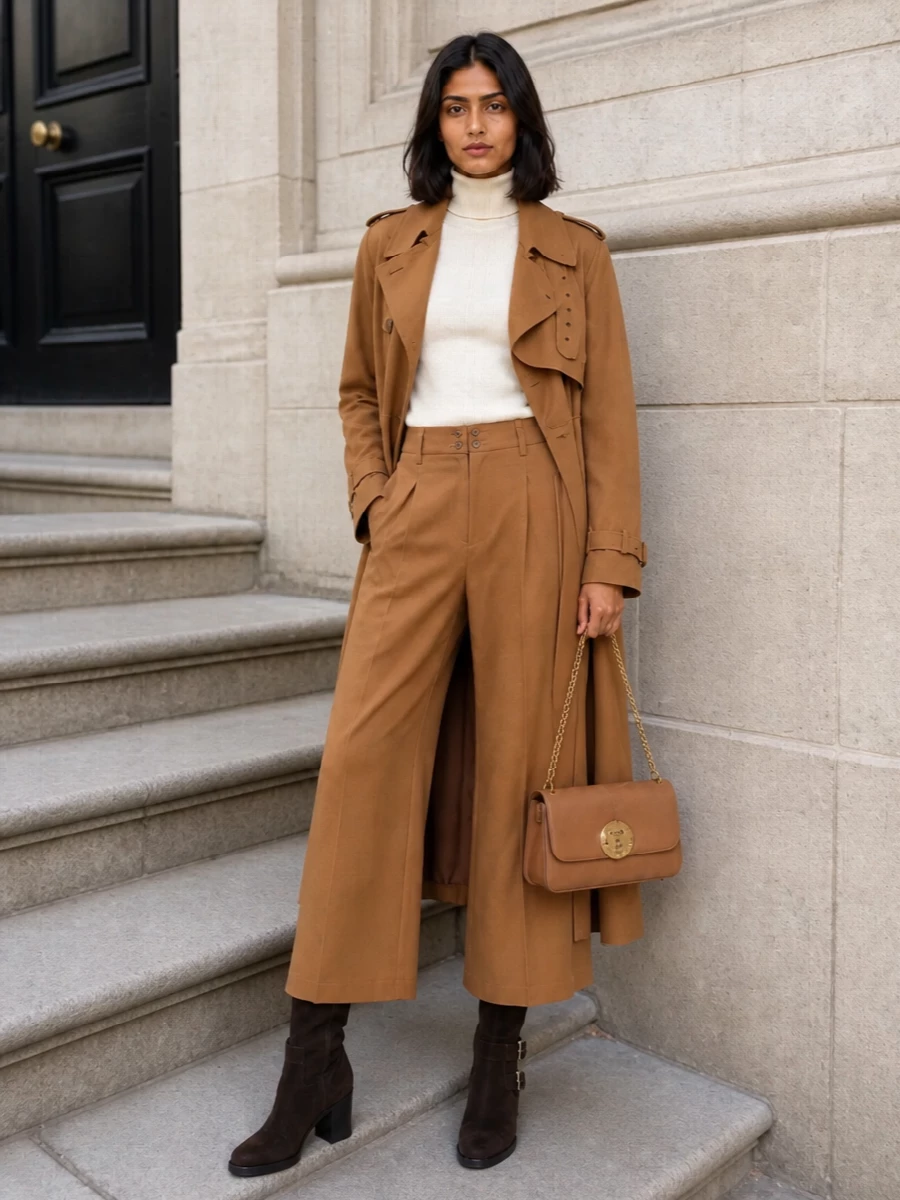 Chloe camel trench ivory knit wide leg pants