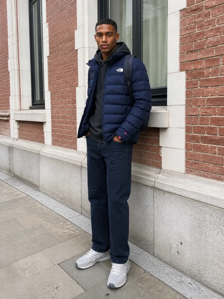 North face navy puffer new balance outfit
