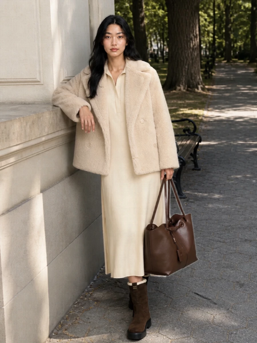 Max mara shearling coat buttercream shirt dress