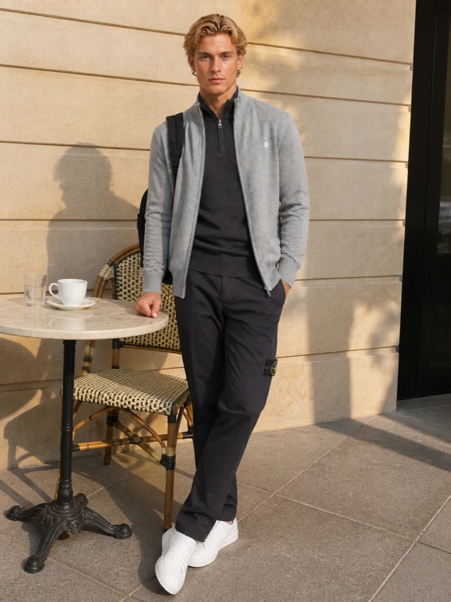 Timberland grey jacket stone island chinos outfit