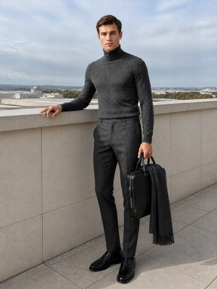 Gucci charcoal turtleneck slim trousers loafers