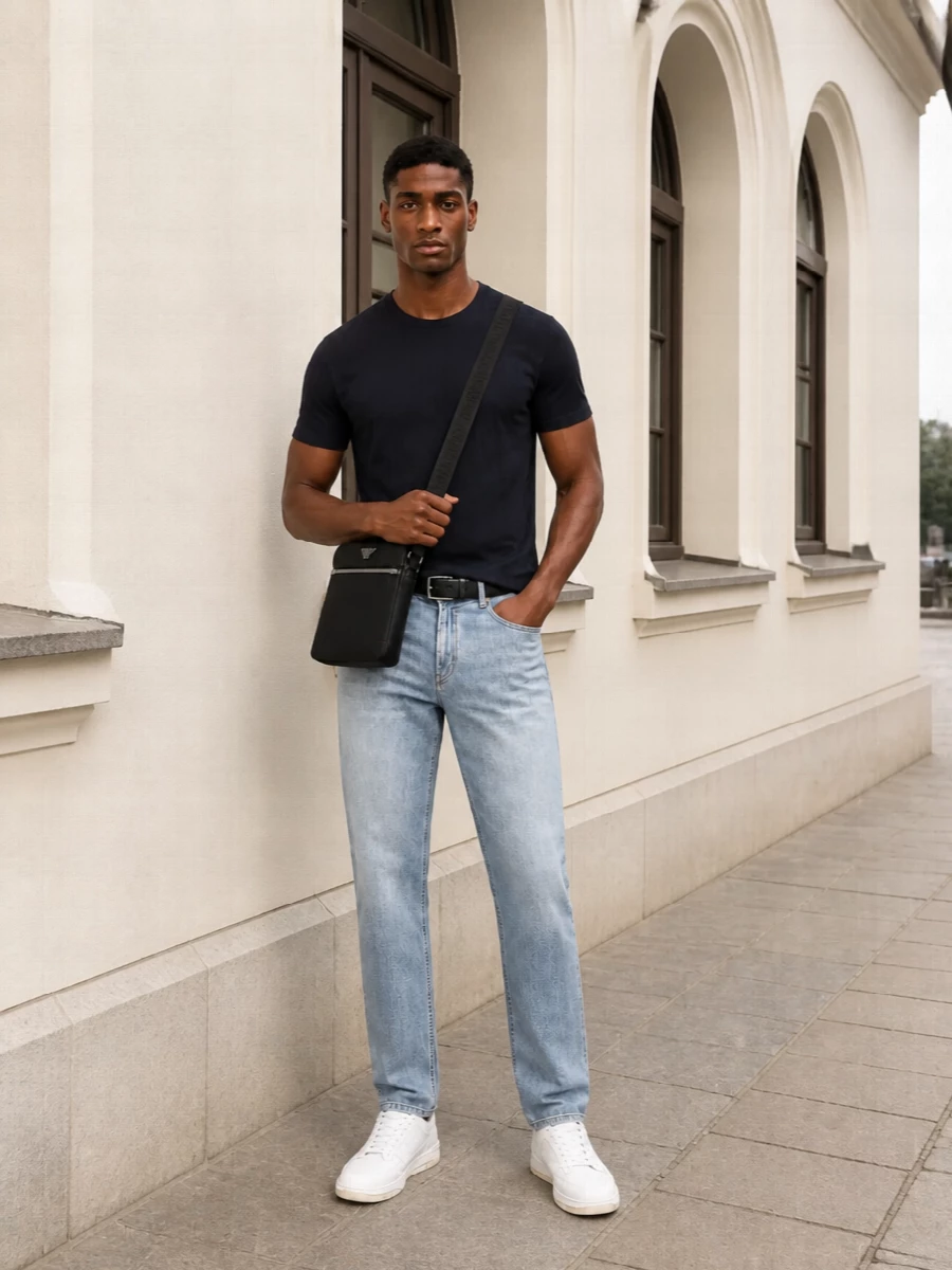 Light stonewash denim and a deep navy textured tee create a clean, modern contrast that feels relaxed but considered. Tonal white and cream sneakers keep the palette soft while the slim black crossbody and navy belt add just enough structure. It is an easy city uniform that nods to streetwear while staying firmly in quiet luxury territory.