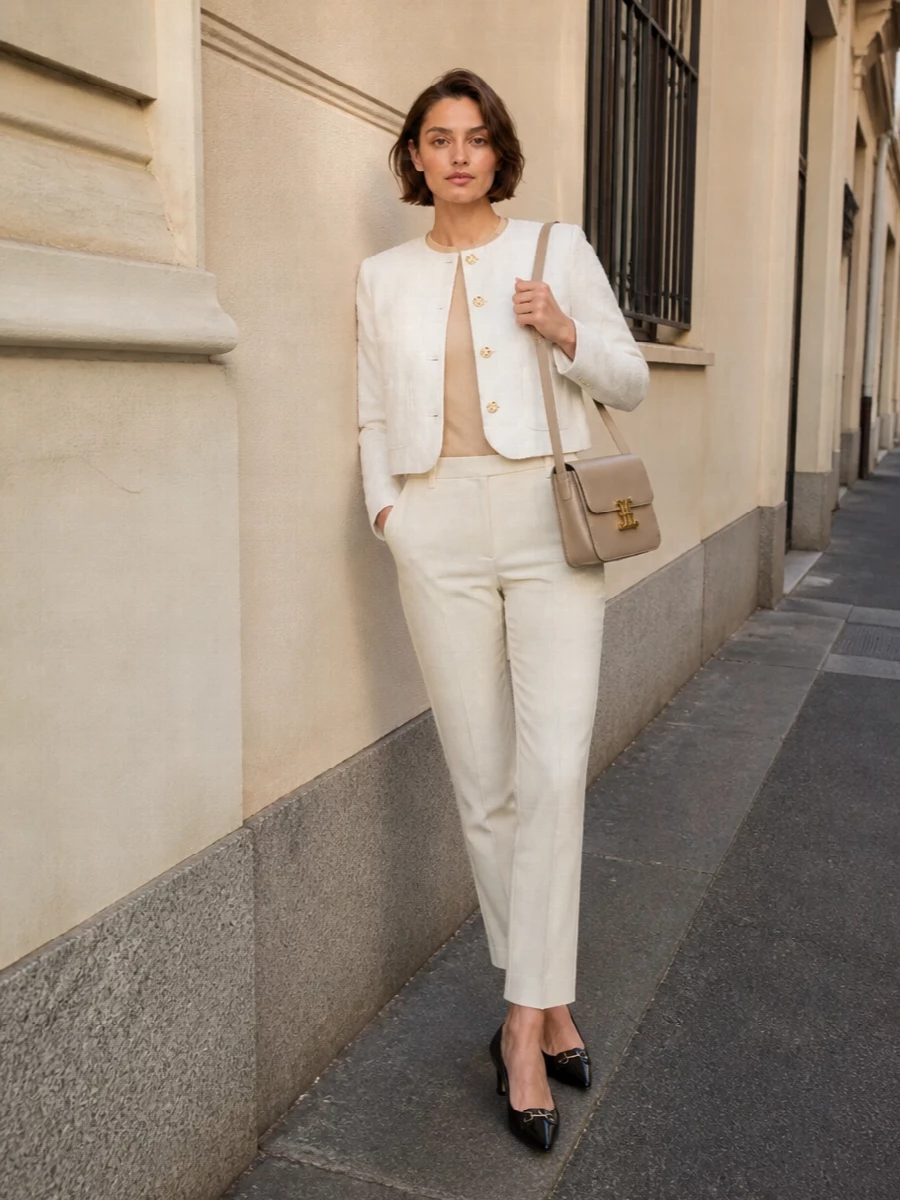 Celine white jacket ivory trousers outfit