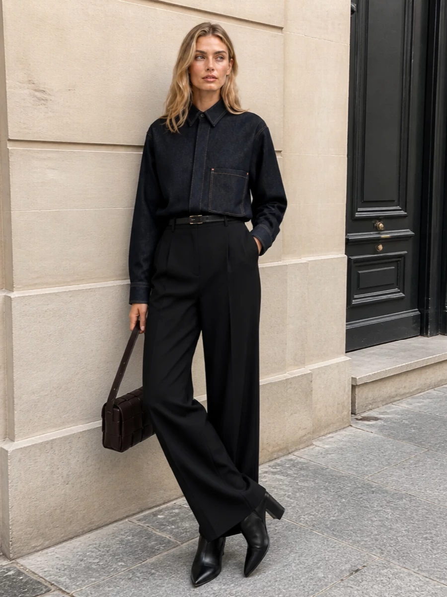 This look turns the sculpted dark-indigo denim shirt into a modern tailoring hero, grounding it with high-waisted black wide-leg trousers for a long, confident line. Sharp black ankle boots and a structured chocolate intrecciato shoulder bag keep the palette deep and refined, while a slim black belt quietly defines the waist, resulting in an effortless FW uniform that reads polished, minimal, and distinctly designer.