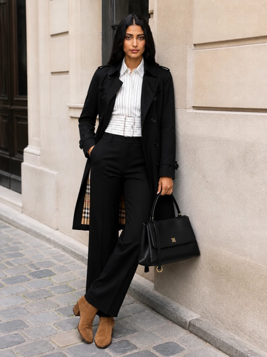 This look leans into Burberry’s tailored, quiet-luxury codes with a sharp black trench over a belted pinstripe shirt and fluid black wide-leg trousers, creating a long, refined line. Camel suede ankle boots soften the monochrome palette and subtly reference heritage equestrian styling, while the structured black Balenciaga tote finishes the outfit with elevated, boardroom-to-dinner ease. I chose the top-and-trouser path instead of a dress to keep the silhouette smart, versatile and layered, allowing the trench to remain the hero piece without competing trench-style dresses underneath.