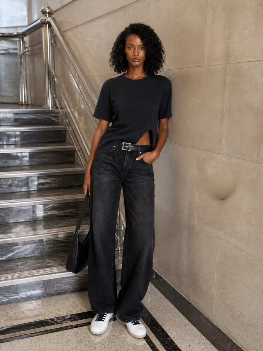 Haikure wide leg jeans black tee y3 sneakers