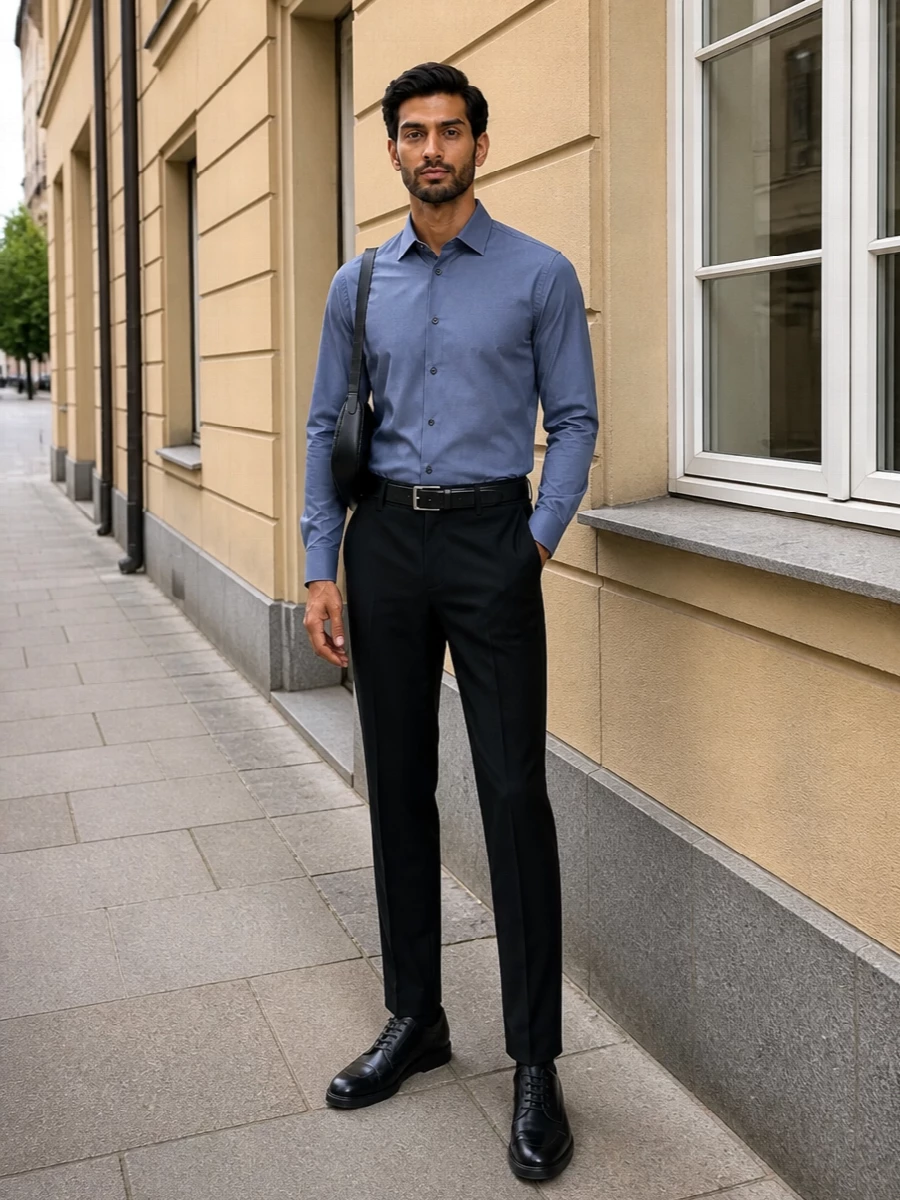 Jil sander black trouser slate blue shirt outfit