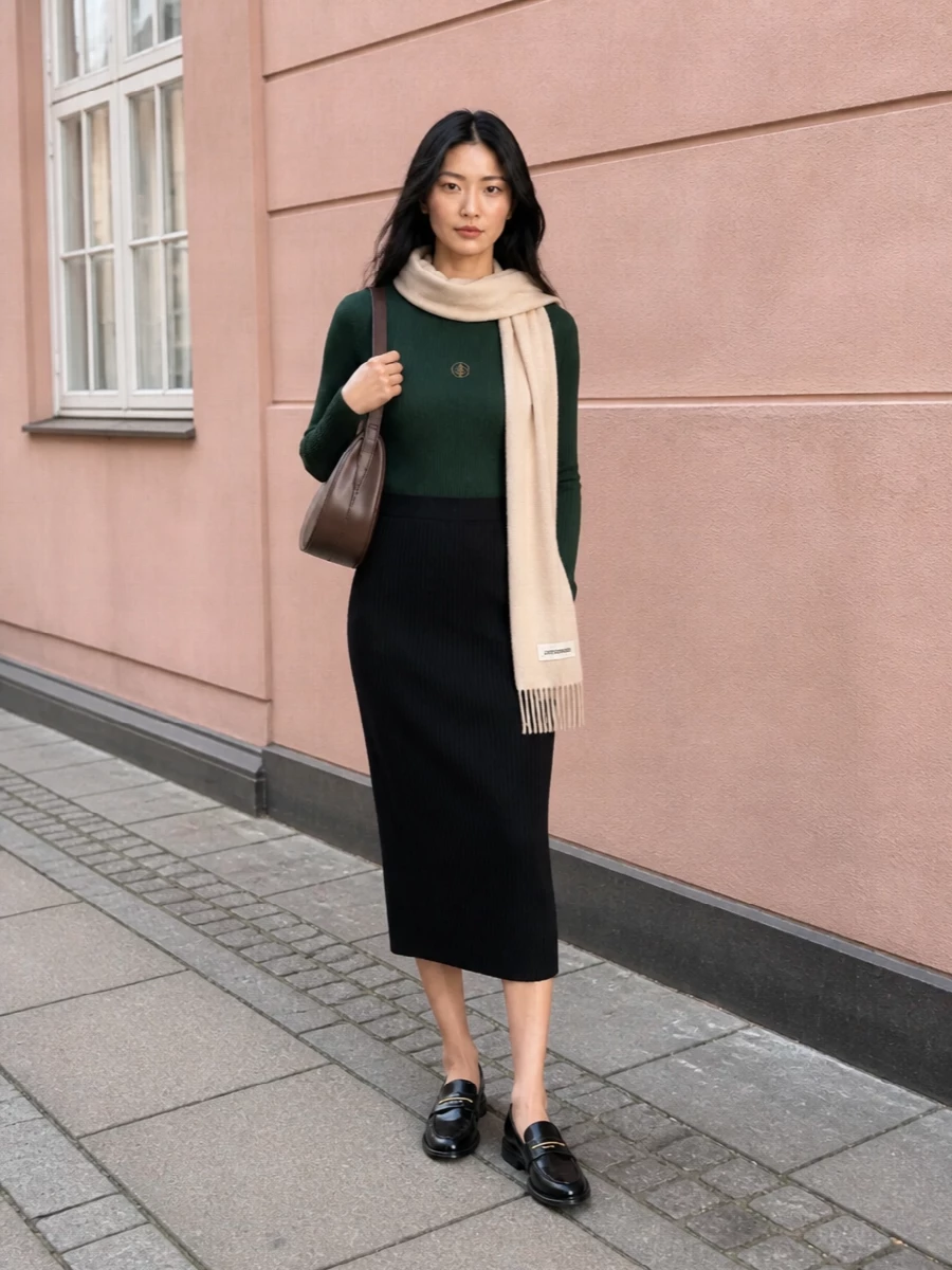 A deep forest ribbed knit meets a clean black midi to form a long, uninterrupted line. Glossy loafers and a sculptural brown shoulder bag keep the mood polished but easy, with a soft beige scarf adding just enough warmth and contrast. It is a discreetly branded, preppy-minimal pairing that moves from office hours to low-key dinner without needing a change.