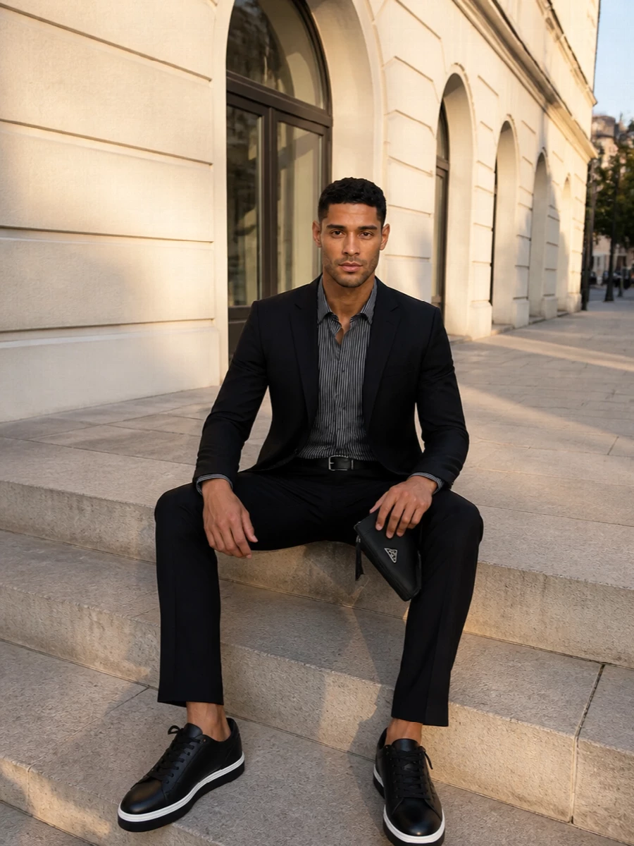 A monochrome stripe story runs from the graphic shirt into razor‑sharp black tailoring, creating a slim, elongated line through the body. Clean black sneakers dial the formality to modern evening, while the minimal wristlet and belt keep everything precise and unfussy. It feels confident, city‑ready and built for nights when you want impact without excess decoration.