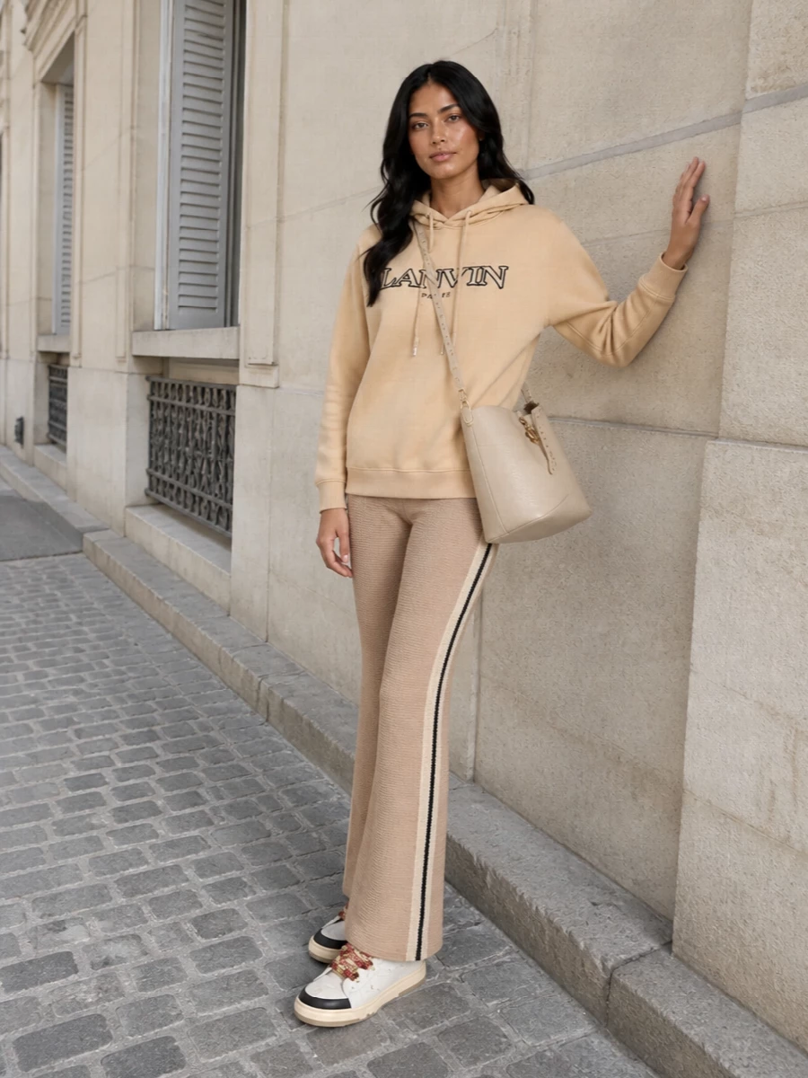 Lanvin sneakers hoodie flared track pants outfit