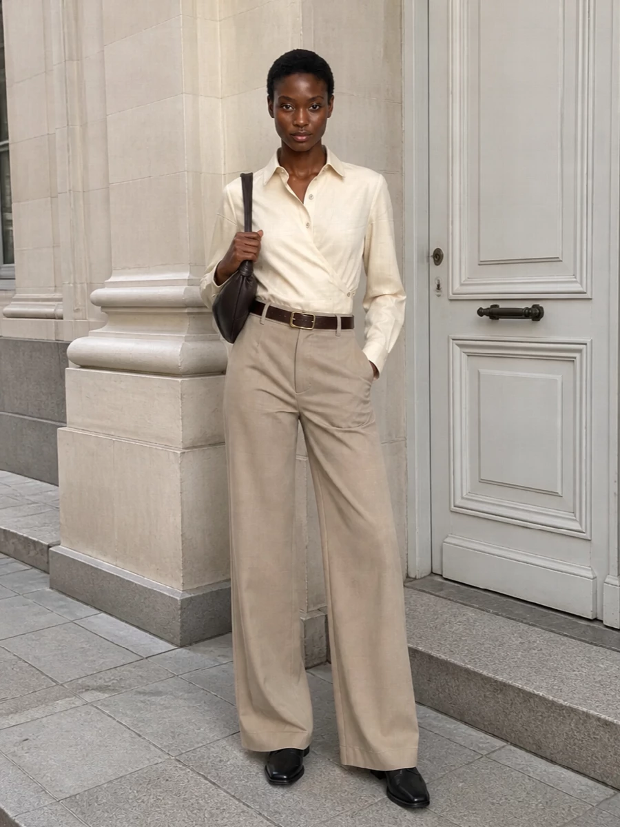 Lemaire wide leg trousers asymmetric shirt outfit